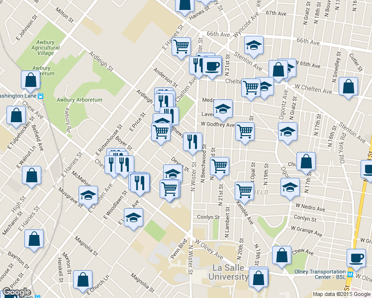 map of restaurants, bars, coffee shops, grocery stores, and more near 5520 Blakemore Street in Philadelphia