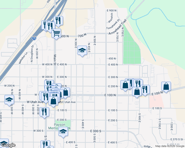 map of restaurants, bars, coffee shops, grocery stores, and more near 327 North 500 East in Payson