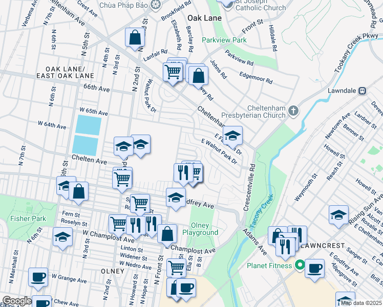 map of restaurants, bars, coffee shops, grocery stores, and more near 134 East 64th Avenue in Philadelphia