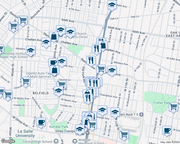 map of restaurants, bars, coffee shops, grocery stores, and more near 6145 1/2 Old York Road in Philadelphia