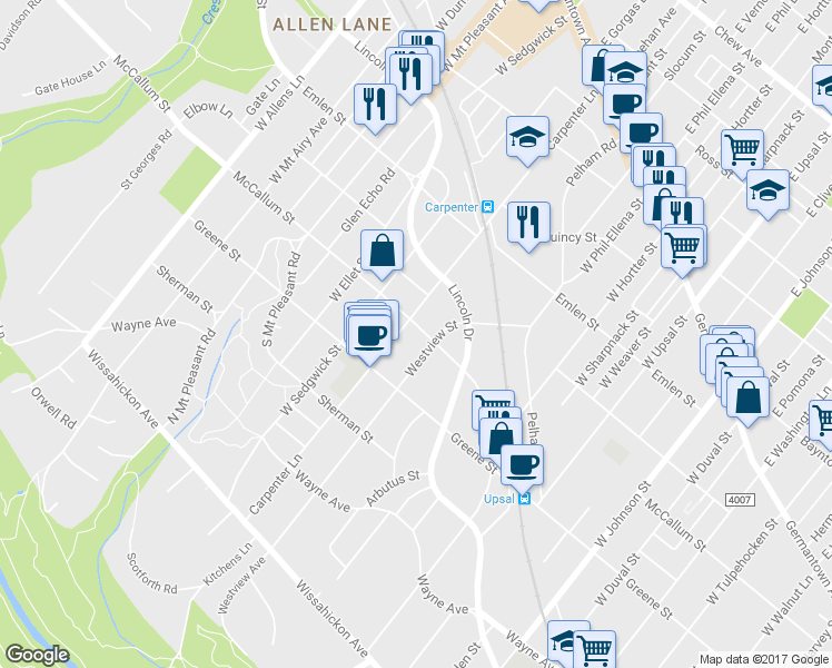 map of restaurants, bars, coffee shops, grocery stores, and more near 6808 McCallum Street in Philadelphia