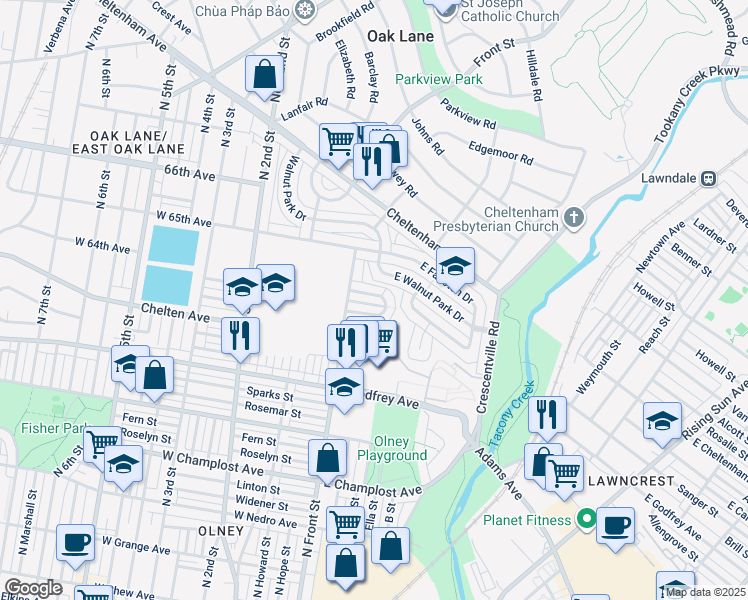 map of restaurants, bars, coffee shops, grocery stores, and more near 134 East 64th Avenue in Philadelphia