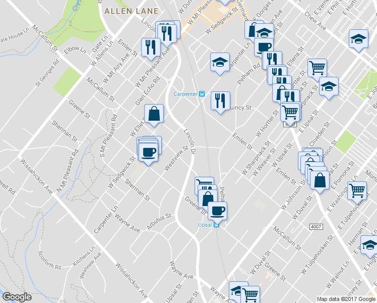 map of restaurants, bars, coffee shops, grocery stores, and more near 6710 Lincoln Drive in Philadelphia