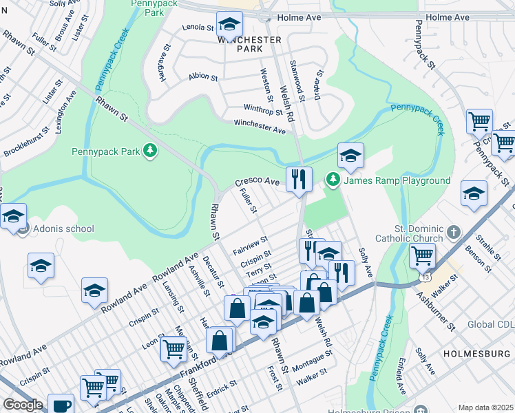 map of restaurants, bars, coffee shops, grocery stores, and more near 3239 Fuller Street in Philadelphia