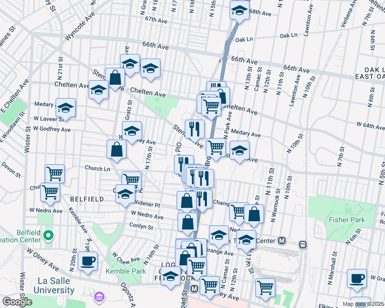 map of restaurants, bars, coffee shops, grocery stores, and more near 6145 1/2 Old York Road in Philadelphia