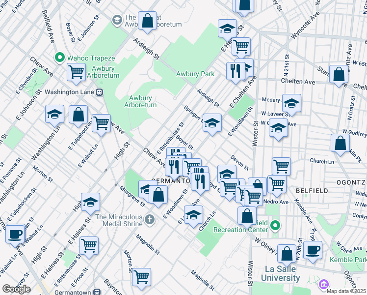 map of restaurants, bars, coffee shops, grocery stores, and more near 853 East Stafford Street in Philadelphia