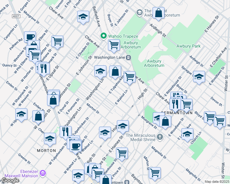 map of restaurants, bars, coffee shops, grocery stores, and more near 6130 Lensen Street in Philadelphia