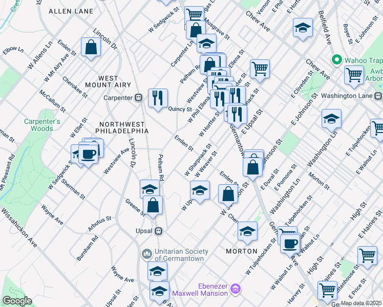 map of restaurants, bars, coffee shops, grocery stores, and more near 204 West Hortter Street in Philadelphia