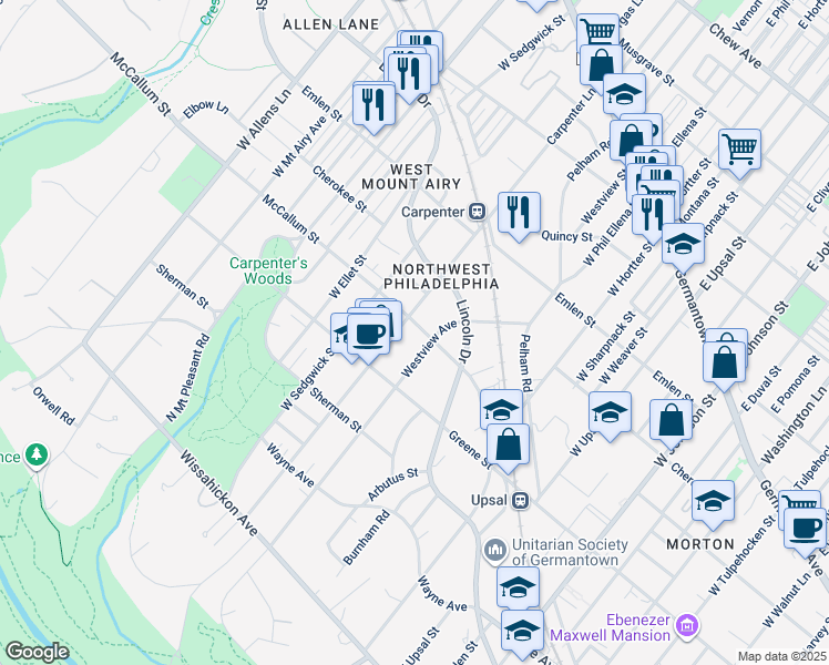 map of restaurants, bars, coffee shops, grocery stores, and more near 6808 McCallum Street in Philadelphia
