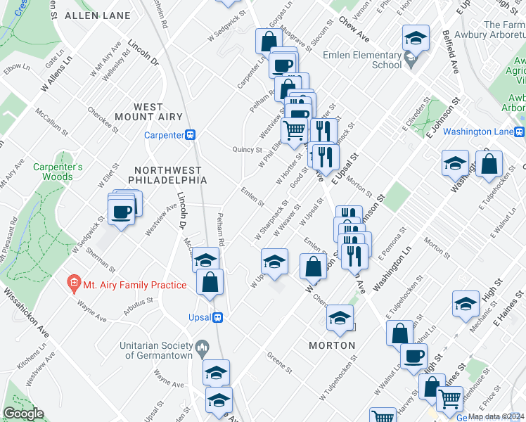 map of restaurants, bars, coffee shops, grocery stores, and more near 204 West Hortter Street in Philadelphia
