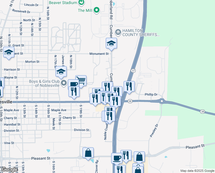 map of restaurants, bars, coffee shops, grocery stores, and more near 777 Queens Lane in Noblesville