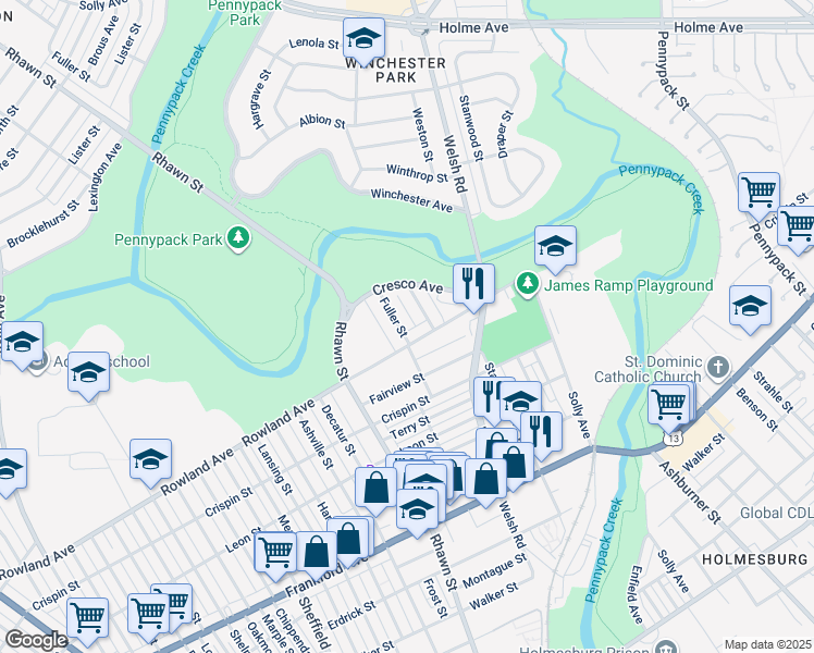 map of restaurants, bars, coffee shops, grocery stores, and more near 3239 Fuller Street in Philadelphia