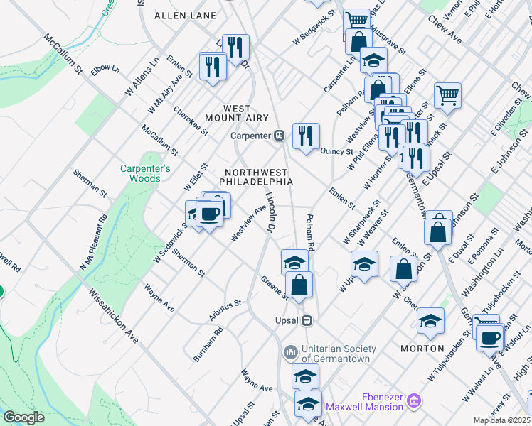 map of restaurants, bars, coffee shops, grocery stores, and more near 6710 Lincoln Drive in Philadelphia
