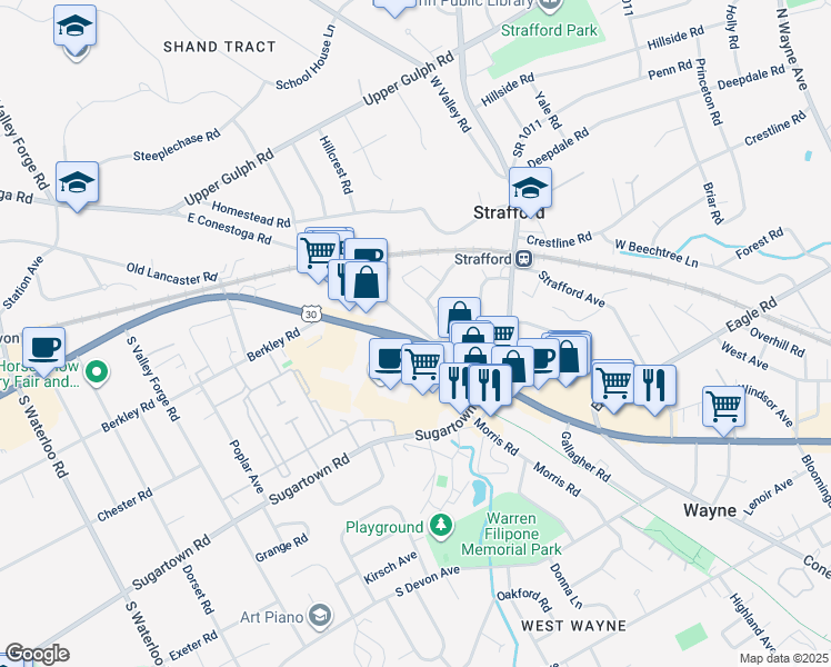 map of restaurants, bars, coffee shops, grocery stores, and more near 687 Lancaster Avenue in Wayne