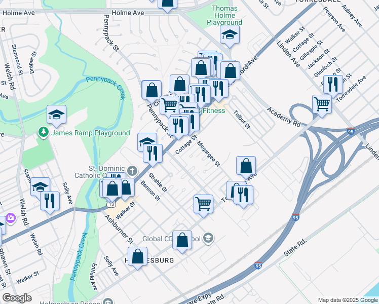map of restaurants, bars, coffee shops, grocery stores, and more near 8738 Gillespie Street in Philadelphia