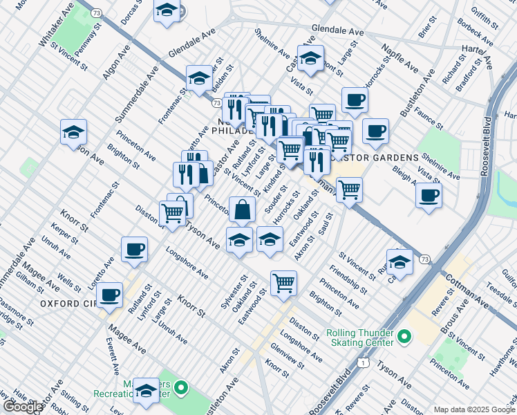 map of restaurants, bars, coffee shops, grocery stores, and more near 7139 Kindred Street in Philadelphia