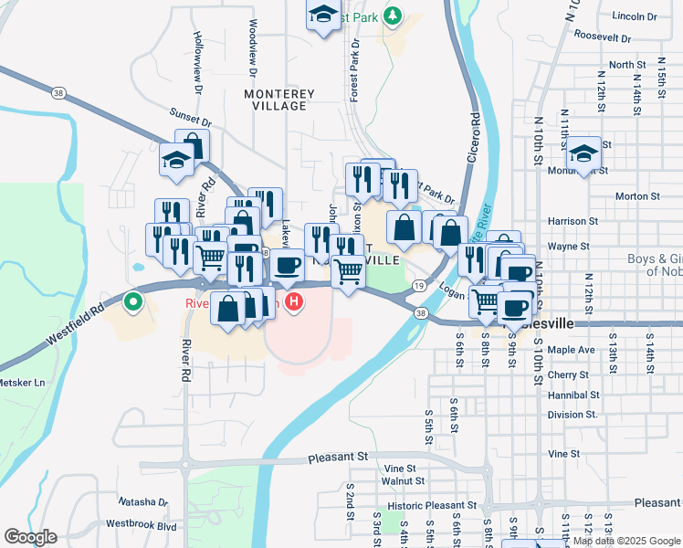 map of restaurants, bars, coffee shops, grocery stores, and more near 250 Conner Street in Noblesville