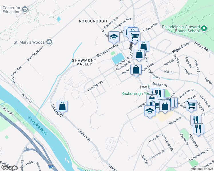 map of restaurants, bars, coffee shops, grocery stores, and more near 7501 Pawling Street in Philadelphia