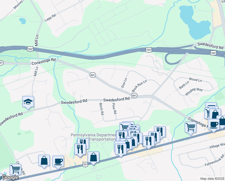 map of restaurants, bars, coffee shops, grocery stores, and more near 285 Swedesford Road in Malvern