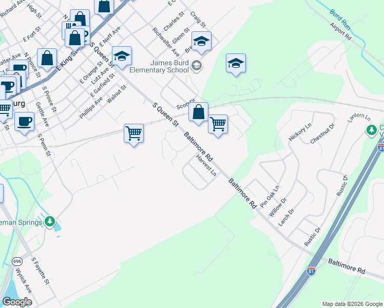 map of restaurants, bars, coffee shops, grocery stores, and more near 302 Harvest Lane in Shippensburg