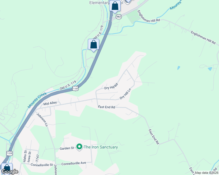 map of restaurants, bars, coffee shops, grocery stores, and more near 230 Dry Hill Road in Connellsville