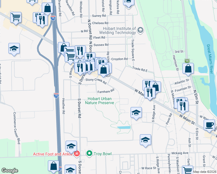 map of restaurants, bars, coffee shops, grocery stores, and more near 1375 Farnham Road in Troy