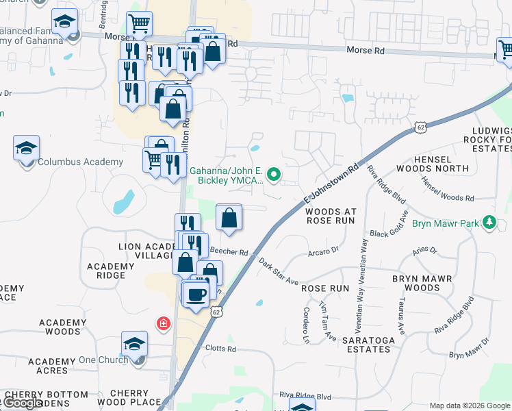 map of restaurants, bars, coffee shops, grocery stores, and more near 519 Mechwart Place in Gahanna