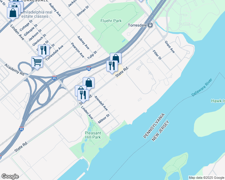 map of restaurants, bars, coffee shops, grocery stores, and more near 45203 Delaire Landing Road in Philadelphia