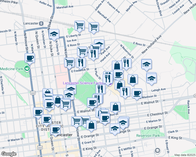 map of restaurants, bars, coffee shops, grocery stores, and more near 550 North Plum Street in Lancaster