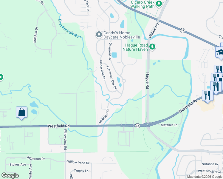 map of restaurants, bars, coffee shops, grocery stores, and more near 17857 Forreston Oak Drive in Noblesville
