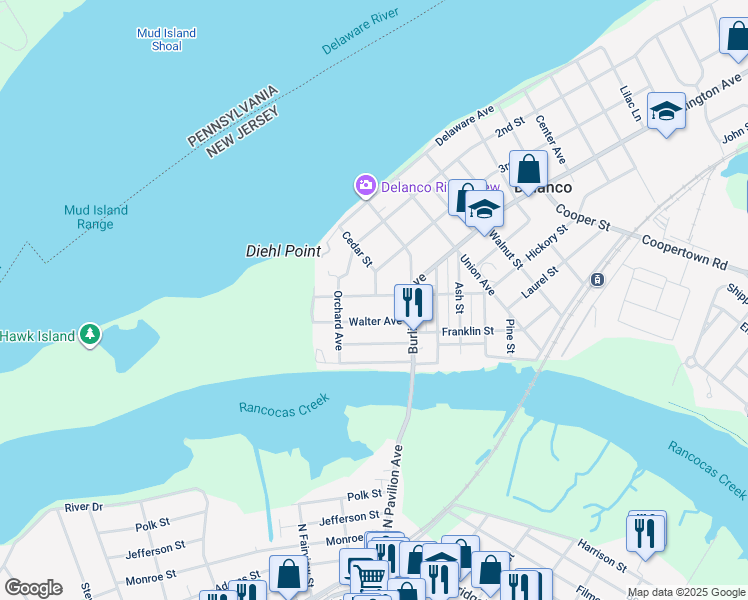 map of restaurants, bars, coffee shops, grocery stores, and more near 304 Walter Avenue in Delanco