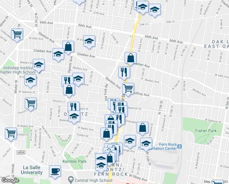 map of restaurants, bars, coffee shops, grocery stores, and more near 1425 West Sparks Street in Philadelphia