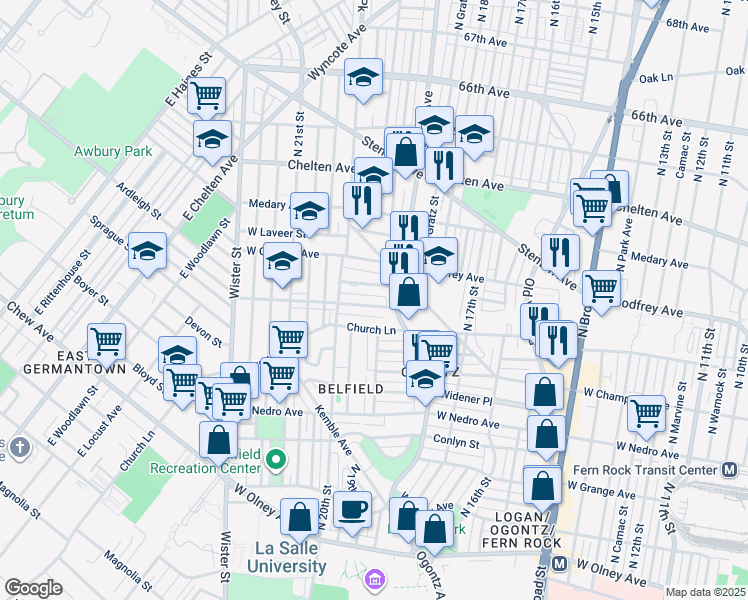 map of restaurants, bars, coffee shops, grocery stores, and more near 1931 West Spencer Avenue in Philadelphia