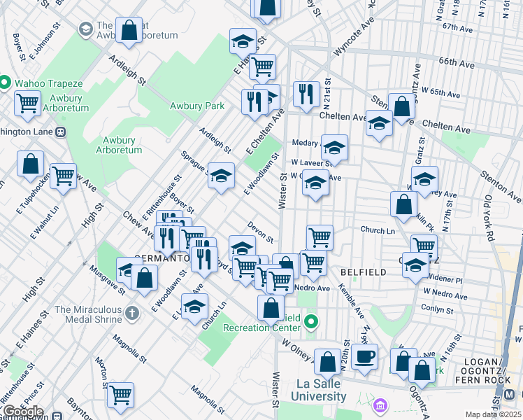 map of restaurants, bars, coffee shops, grocery stores, and more near 5539 Sprague Street in Philadelphia