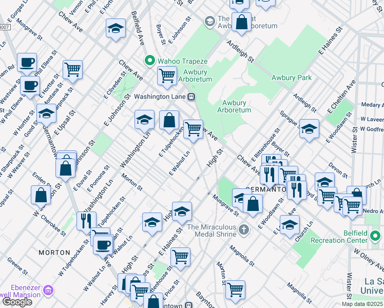 map of restaurants, bars, coffee shops, grocery stores, and more near 6040 Belfield Avenue in Philadelphia