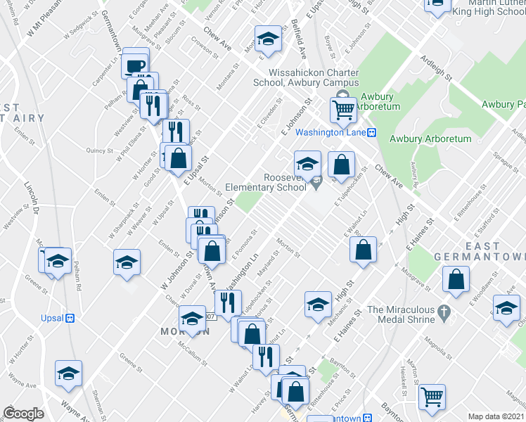 map of restaurants, bars, coffee shops, grocery stores, and more near 6329 Morton Street in Philadelphia