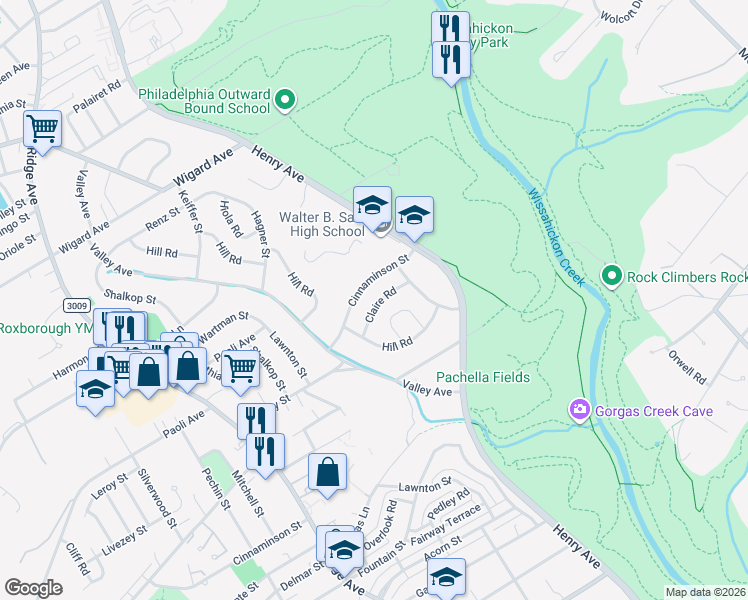 map of restaurants, bars, coffee shops, grocery stores, and more near 741 Claire Road in Philadelphia