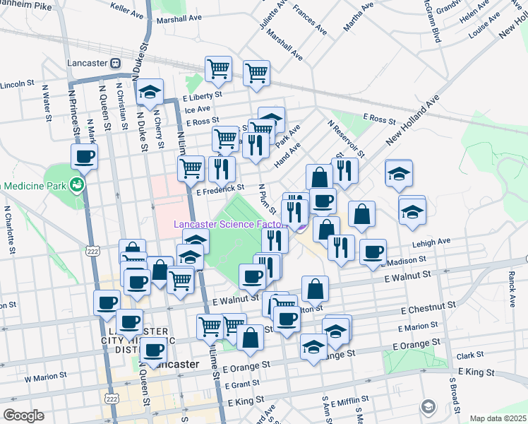 map of restaurants, bars, coffee shops, grocery stores, and more near 558 North Plum Street in Lancaster