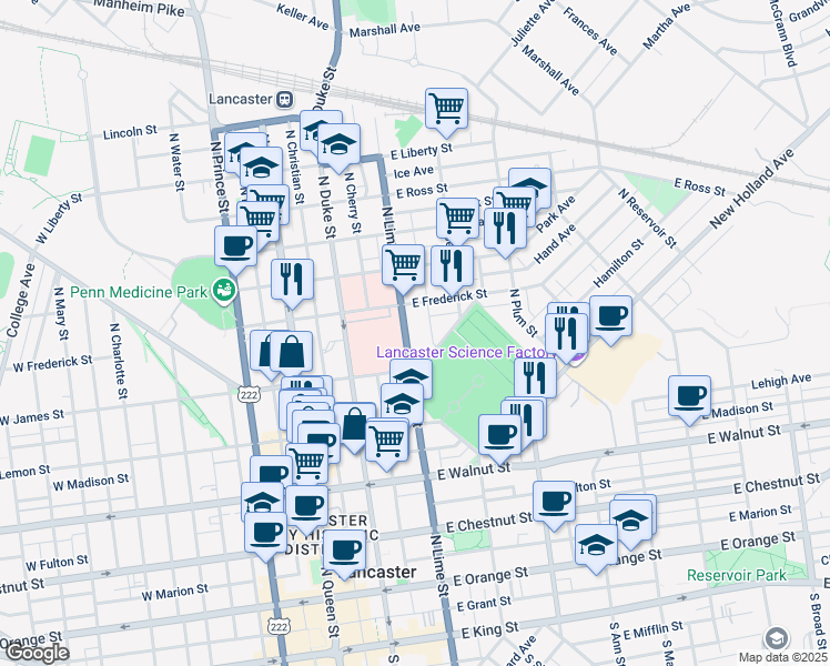 map of restaurants, bars, coffee shops, grocery stores, and more near 231 Park Avenue in Lancaster