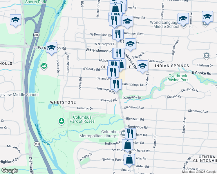 map of restaurants, bars, coffee shops, grocery stores, and more near 65 Westwood Road in Columbus