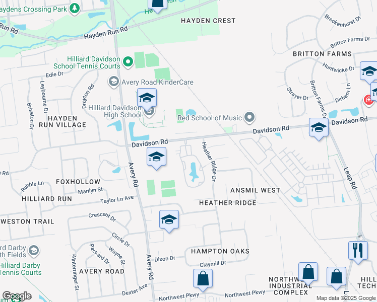 map of restaurants, bars, coffee shops, grocery stores, and more near 4624 Crystal Clear Drive in Hilliard