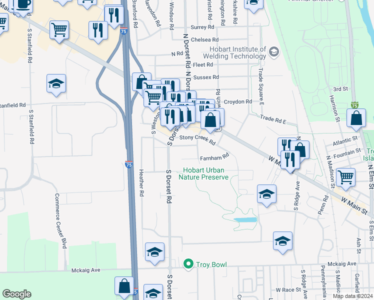 map of restaurants, bars, coffee shops, grocery stores, and more near 60 South Norwich Road in Troy