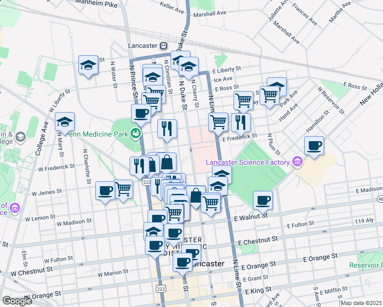 map of restaurants, bars, coffee shops, grocery stores, and more near 555 North Duke Street in Lancaster