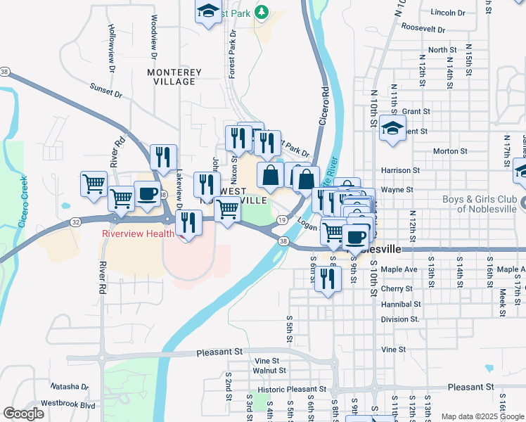 map of restaurants, bars, coffee shops, grocery stores, and more near 107 Logan Street in Noblesville