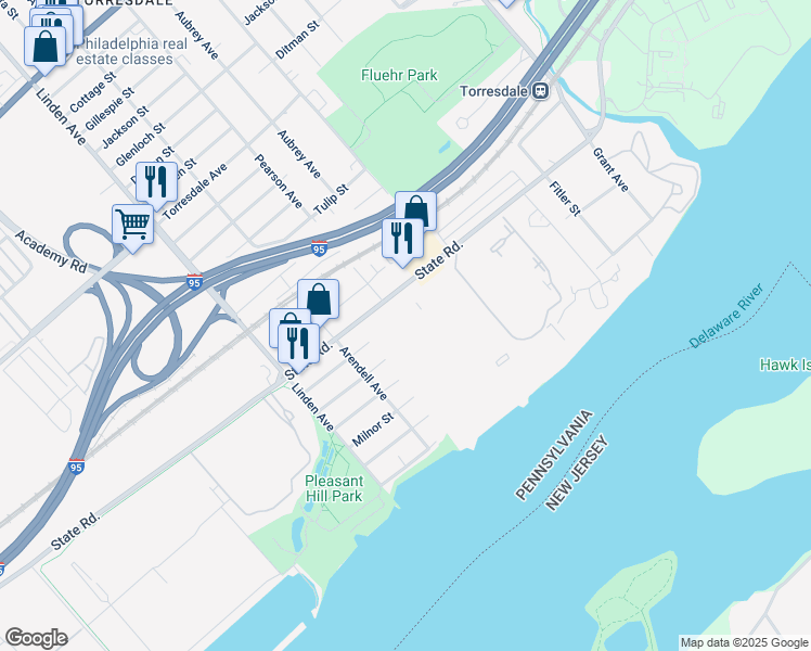 map of restaurants, bars, coffee shops, grocery stores, and more near 45104 Delaire Landing Road in Philadelphia