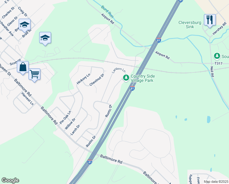 map of restaurants, bars, coffee shops, grocery stores, and more near 86 Lantern Lane in Shippensburg