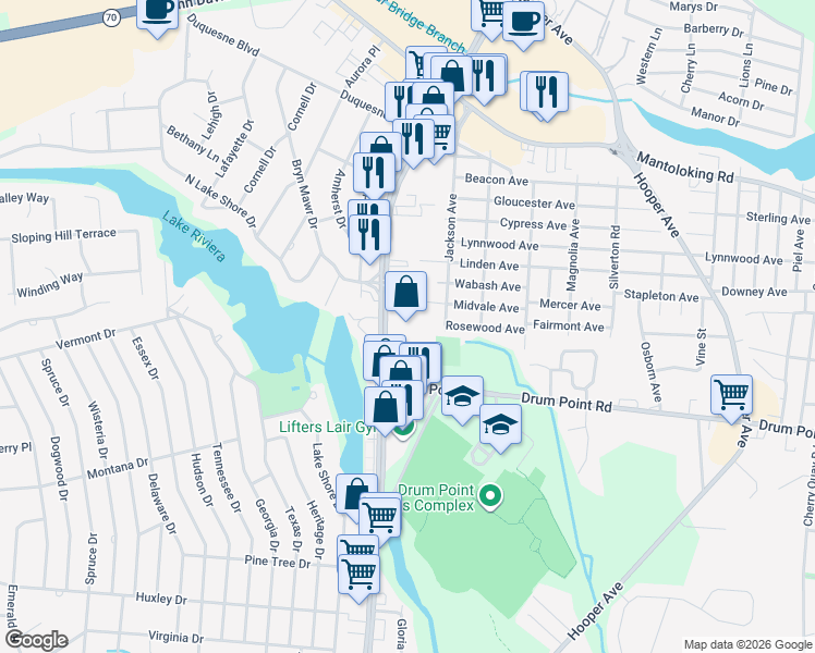 map of restaurants, bars, coffee shops, grocery stores, and more near 425 Brick Boulevard in Brick Township