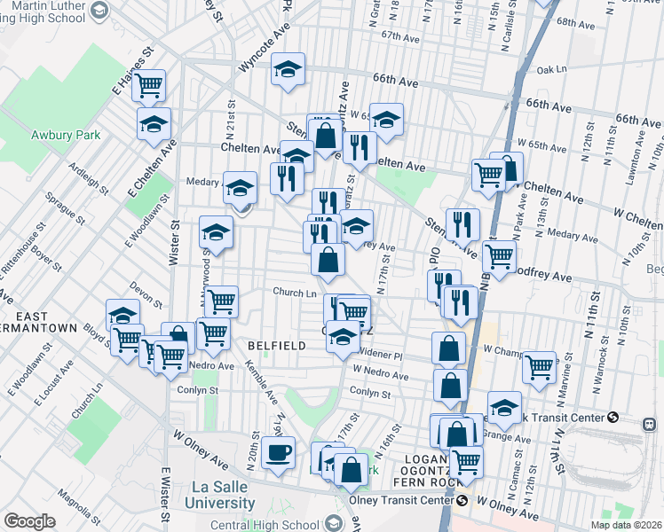map of restaurants, bars, coffee shops, grocery stores, and more near 6158 Limekiln Pike in Philadelphia