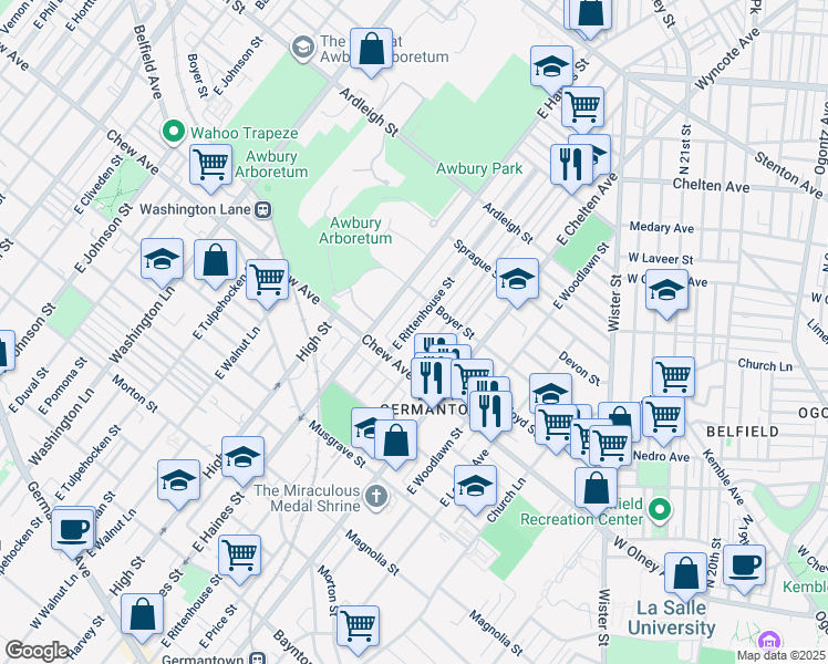 map of restaurants, bars, coffee shops, grocery stores, and more near 834 East Rittenhouse Street in Philadelphia