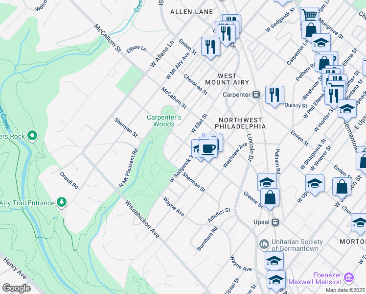 map of restaurants, bars, coffee shops, grocery stores, and more near 7022 Greene Street in Philadelphia